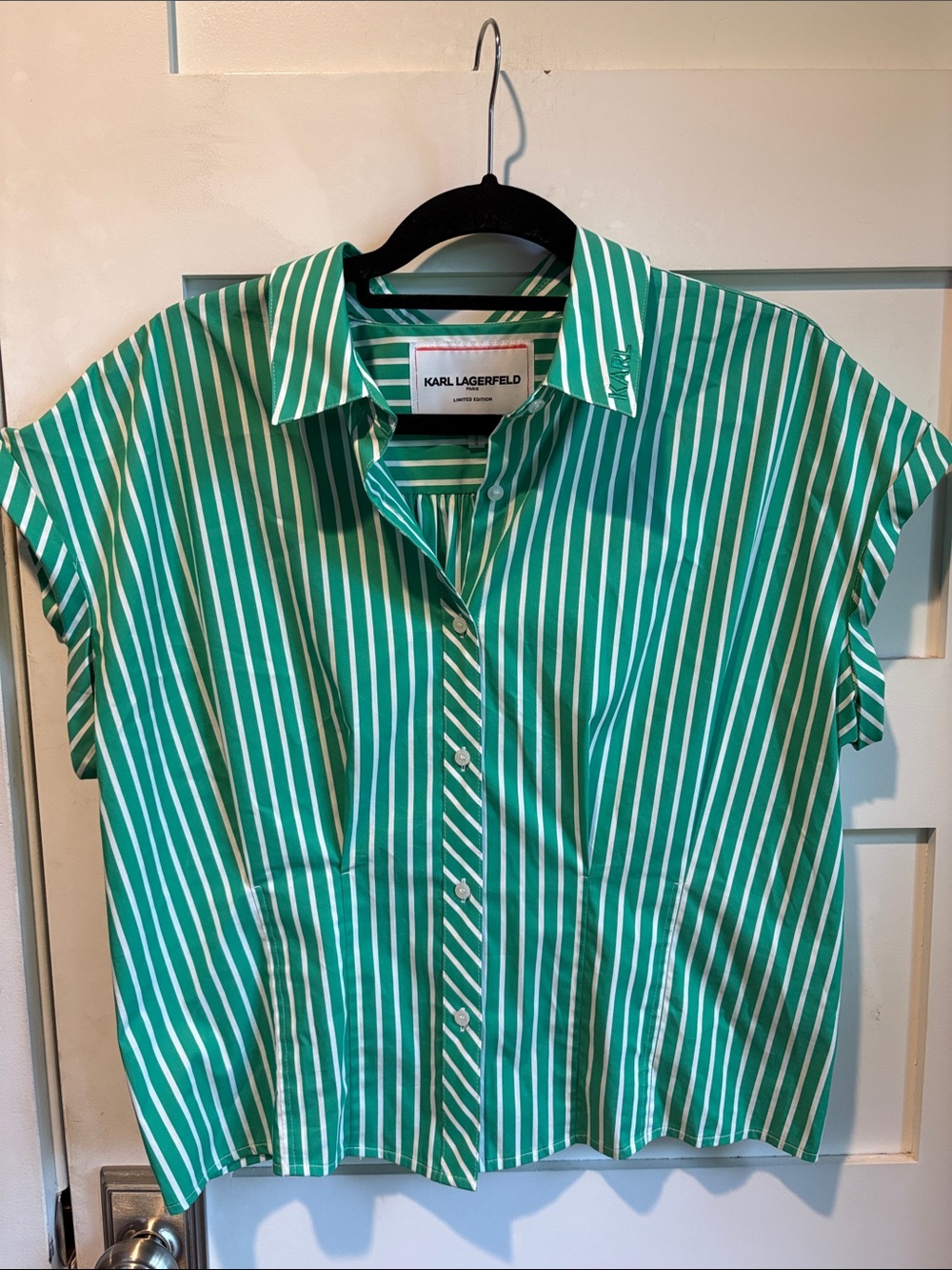 Karl Lagerfeld Emerald Green & White Striped Short-Sleeve Button-Down